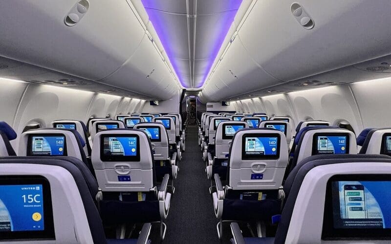 Economy cabin on a United Airlines 737 MAX.