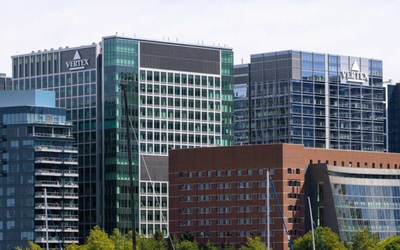 Exterior view of the headquarters of Vertex Pharmaceuticals, an American biotechnology company, in Boston, Massachusetts