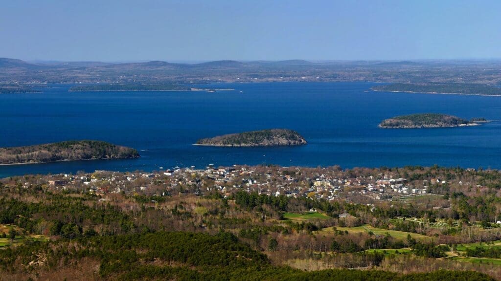 Frenchman Bay and islands and the area around the town of Bar Harbor viewed from Cadillac Mountain in Acadia National Park