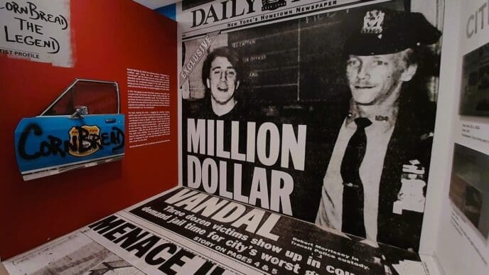 An exhibit at the Museum of Graffiti featuring a blue car door with "CORN BREAD" graffiti, next to a large-scale reproduction of a vintage Daily News headline "MILLION DOLLAR VANDAL" with images of two men, all set against a red wall.
