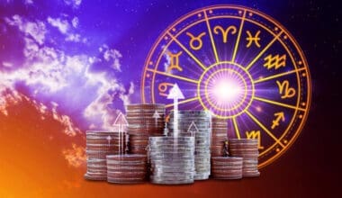 Horoscope featuring zodiac signs and coins, representing the concepts of astrology and wealth. This reflects the financial horoscope theme, combining astrology with financial prosperity