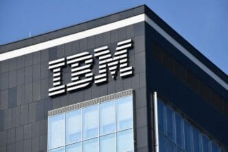 IBM logo in Dusseldorf, Germany - IBM is an American multinational technology corporation headquartered in Armonk, New York