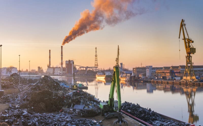 Industrial areas on a river in China, scrap yard, coal plant, port