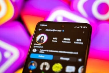Kendall Jenner official Instagram account on smartphone screen. Ankara, Turkey - April 28, 2023