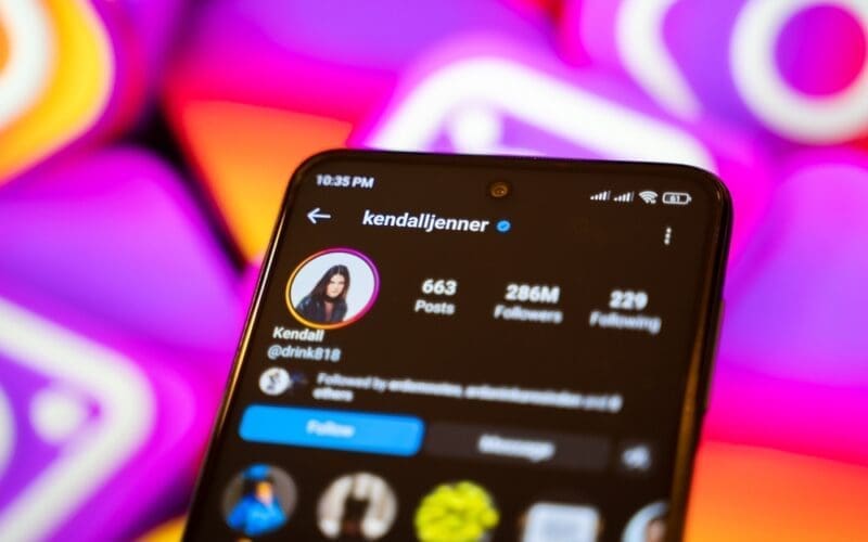 Kendall Jenner official Instagram account on smartphone screen. Ankara, Turkey - April 28, 2023