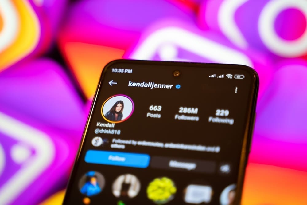 Kendall Jenner official Instagram account on smartphone screen. Ankara, Turkey - April 28, 2023