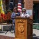 LA Fire Chief Kristin Crowley speaks at Station 112 on Fire Service Day, joined at the podium by Yolanda Regalado, recipient of the Honorary Fire Chief award