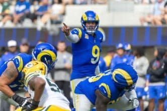 Los Angeles Rams quarterback Matthew Stafford #9 directs during an NFL football game against the Green Bay Packers at SoFi Stadium, Sunday, Oct. 6, 2024, in Inglewood, CA
