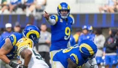 Los Angeles Rams quarterback Matthew Stafford #9 directs during an NFL football game against the Green Bay Packers at SoFi Stadium, Sunday, Oct. 6, 2024, in Inglewood, CA