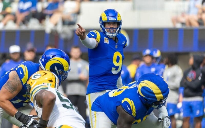 Los Angeles Rams quarterback Matthew Stafford #9 directs during an NFL football game against the Green Bay Packers at SoFi Stadium, Sunday, Oct. 6, 2024, in Inglewood, CA