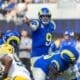 Los Angeles Rams quarterback Matthew Stafford #9 directs during an NFL football game against the Green Bay Packers at SoFi Stadium, Sunday, Oct. 6, 2024, in Inglewood, CA