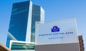 Low angle view of the sign and logo of the European Central Bank at the northern entrance of the Skytower building, headquarters of the ECB since 2015