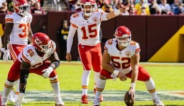 Mahomes directing the Chiefs offense in 2021. Photo by All-Pro Reels - flickr.com, CC BY-SA 2.0, via Wikimedia Commons