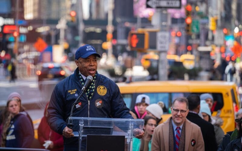 Mayor Eric Adams delivers remarks at the kick off of the We Love NYC Campaign