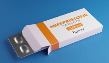 Mifepristone tablets in box. RU-486 Medical abortion pills. Used in combination with misoprostol 3D rendering