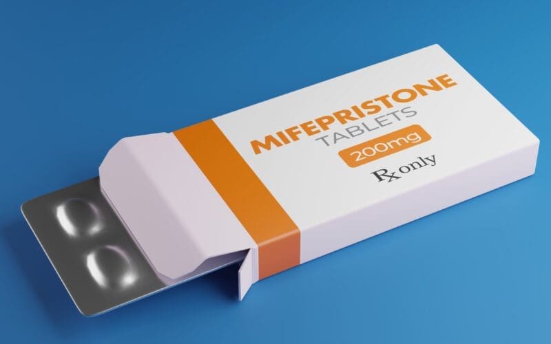 Mifepristone tablets in box. RU-486 Medical abortion pills. Used in combination with misoprostol 3D rendering