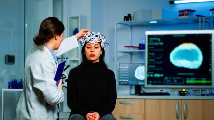 Neurological doctor cheking eeg headset explaining to patient diagnosis of disease and treatment for nervous system