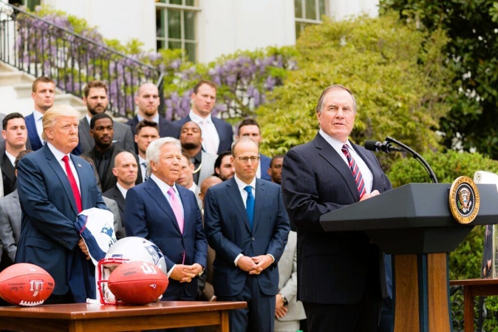 New England Patriots Coach Bill Belichick delivers remarks during the team's visit to the White House celebrating their Super Bowl LI victory on the South Lawn, Wednesday, April 19, 2017