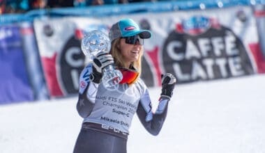 Overall FIS Alpine ski Super G winner US Mikaela Shiffrin celebrates the podium ceremony after competing in the Women's Super G race during the FIS Alpine ski world cup championship on March 14, 2019