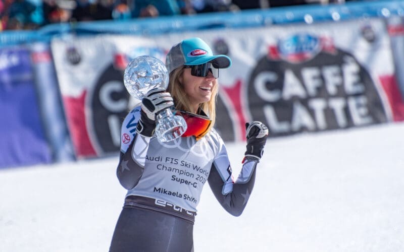 Overall FIS Alpine ski Super G winner US Mikaela Shiffrin celebrates the podium ceremony after competing in the Women's Super G race during the FIS Alpine ski world cup championship on March 14, 2019
