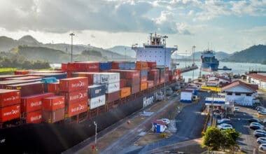 Panama Canal, Panama -March 27, 2018 Cargo ship in Miraflores Locks Panama Canal