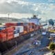 Panama Canal, Panama -March 27, 2018 Cargo ship in Miraflores Locks Panama Canal