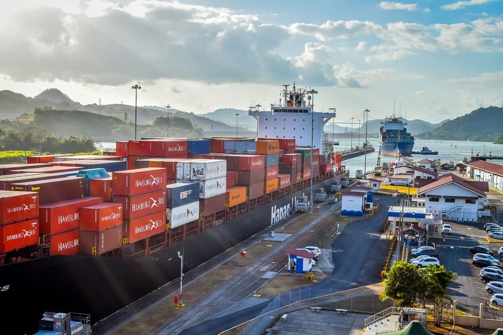 Panama Canal, Panama -March 27, 2018 Cargo ship in Miraflores Locks Panama Canal