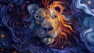 An intricate abstract papercut-style illustration of a lion's head with a flowing mane, split into cool blue-purple tones on the left and warm orange-red tones on the right, with glowing eyes, set against a dark, cosmic background with stars.