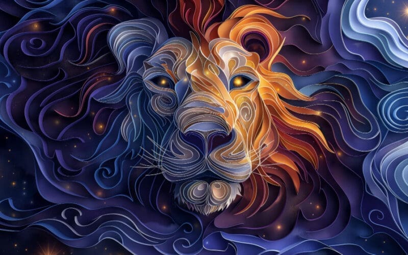 Papercut Lion in Cosmic Abstract Art
