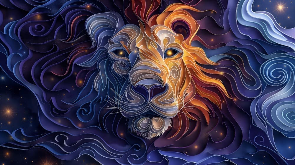 An intricate abstract papercut-style illustration of a lion's head with a flowing mane, split into cool blue-purple tones on the left and warm orange-red tones on the right, with glowing eyes, set against a dark, cosmic background with stars.