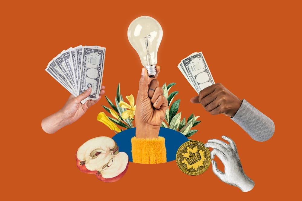 A mixed-media collage featuring multiple hands holding symbols of money (U.S. dollar bills, gold coin), a lightbulb (idea), and an apple half, all arranged on an orange background, conceptualizing personal finances.