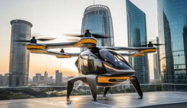 Perspective of a futuristic flying taxi