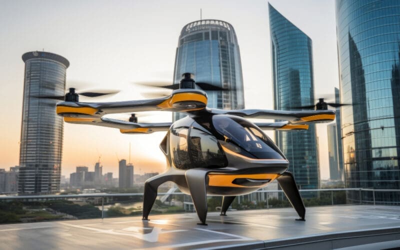 Perspective of a futuristic flying taxi