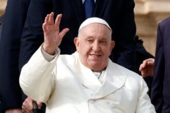 Pope Francis waves to the faithful at the end of his weekly general audience in St. PeterÕs Square at the Vatican, November 13, 2024