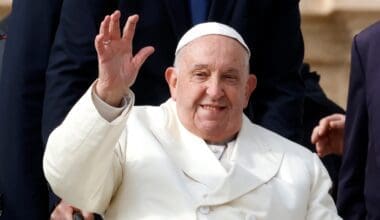 Pope Francis waves to the faithful at the end of his weekly general audience in St. PeterÕs Square at the Vatican, November 13, 2024