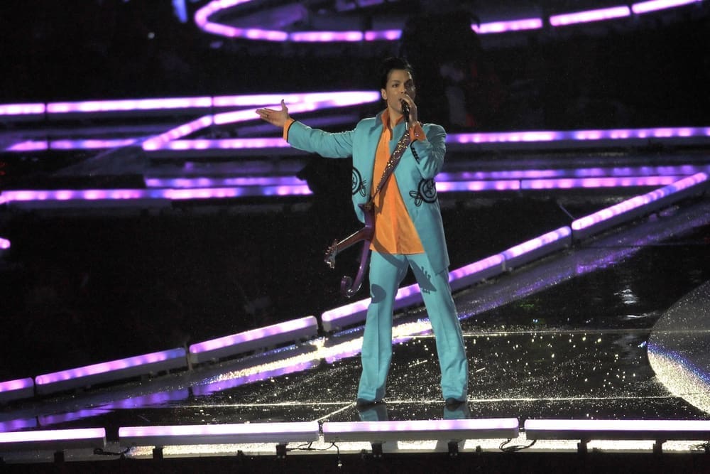 Prince performs during half-time for Super Bowl XLI between the Chicago Bears and the Indianapolis Colts at Dolphin Stadium on February 4, 2007 in Miami