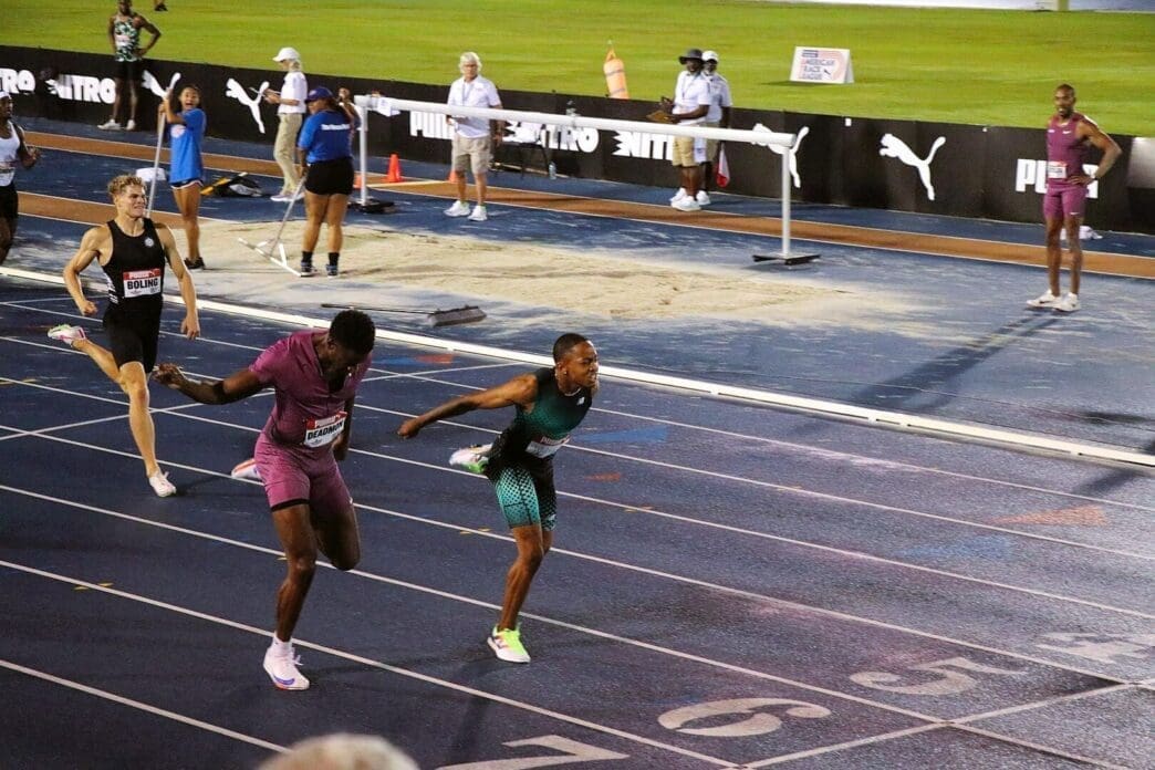 Quincy Wilson narrowly defeats Bryce Deadmon to establish the high school 400m record at the Holloway Pro Classic. Photo by CooperRiverRunner - Own work, CC0, via Wikimedia Commons