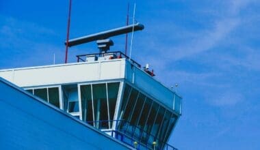 Radar station positioned above the traffic control tower