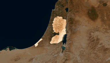 Satellite view of the map of the Palestinian Territories, featuring the Gaza Strip and the West Bank