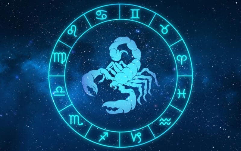 Scorpio horoscope sign in twelve zodiac with galaxy stars