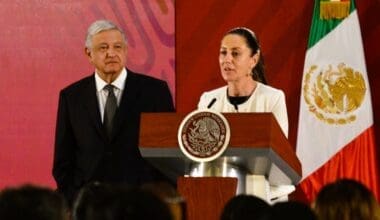 Sheinbaum with former president Andrés Manuel López Obrador in late 2019. Photo by Mexico City Government, via Wikimedia Commons.