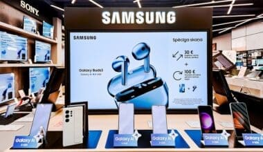 Showroom of modern electronics with new Samsung Galaxy AI smartphone models and headphones in the shopping mall in Riga, Latvia