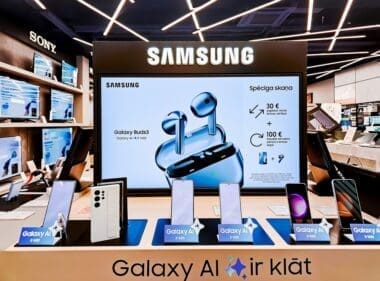 Showroom of modern electronics with new Samsung Galaxy AI smartphone models and headphones in the shopping mall in Riga, Latvia