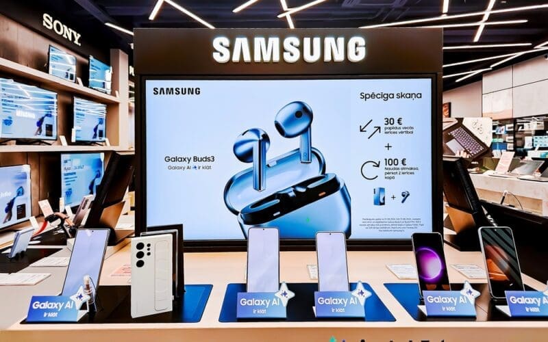 Showroom of modern electronics with new Samsung Galaxy AI smartphone models and headphones in the shopping mall in Riga, Latvia