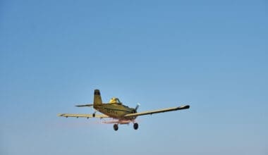 Single-engine propeller airplane flying