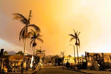 Smoke billows from the charred buildings in the Pacific Palisades fire