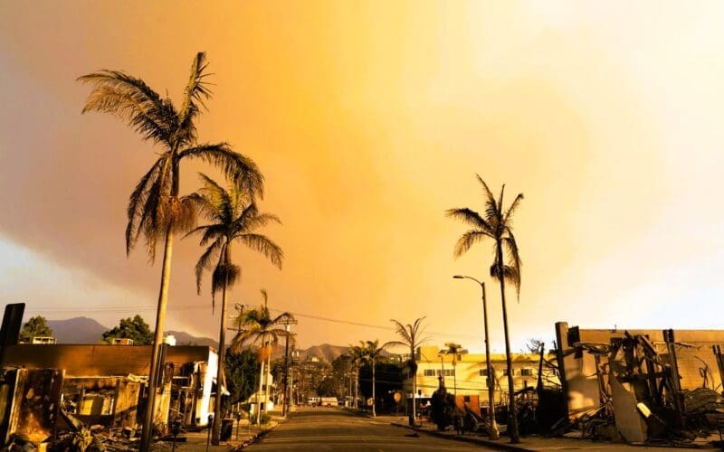 Smoke billows from the charred buildings in the Pacific Palisades fire