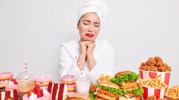 Stressed unhappy Asian lady wants to eat fast food