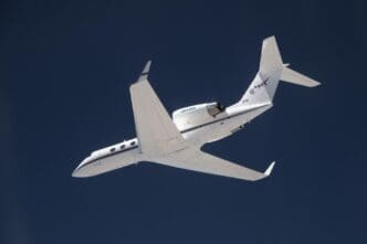 The G-IV aircraft flies overhead in the Mojave Desert near NASA’s Armstrong Flight Research Center in Edwards, California.