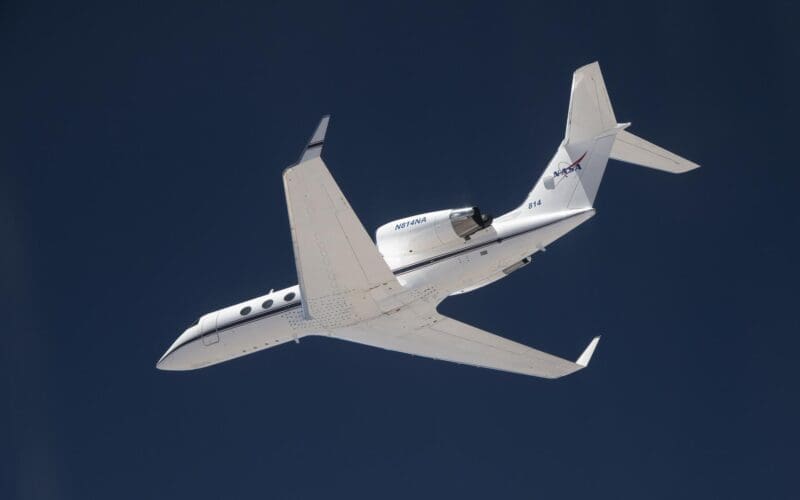 The G-IV aircraft flies overhead in the Mojave Desert near NASA’s Armstrong Flight Research Center in Edwards, California.